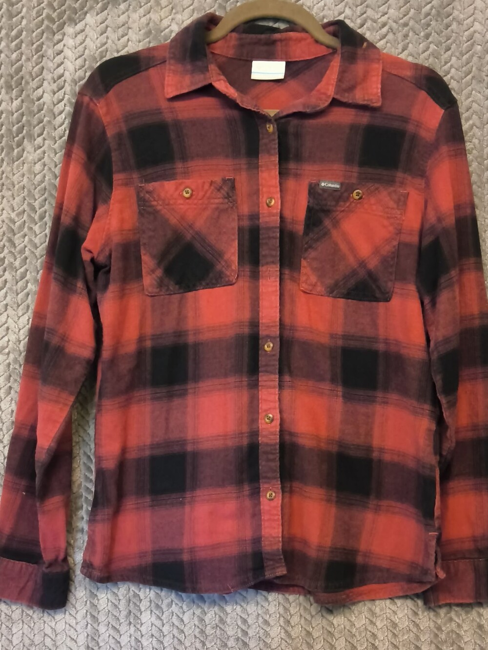 Columbia Orange and Black Plaid Long Sleeve Flannel Shirt